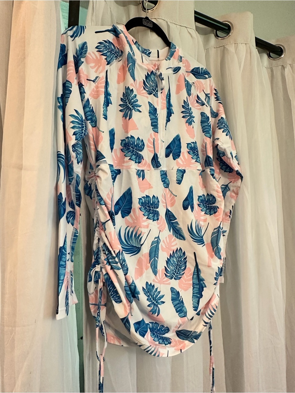 Tropical Leaf Print Long Sleeve Swim Shirt COVER UP - Blue & Pink
